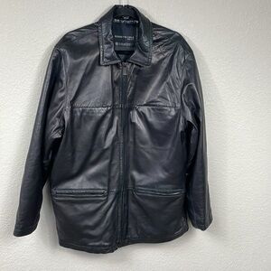 Kenneth Cole Black Leather Full Zip Bomber Jacket Zip Pockets Sz L